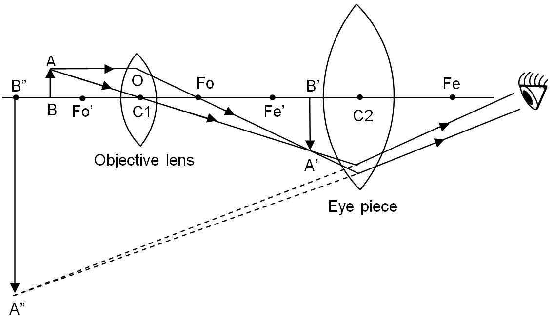 Draw a labelled ray diagram of a compound microscope and explain its